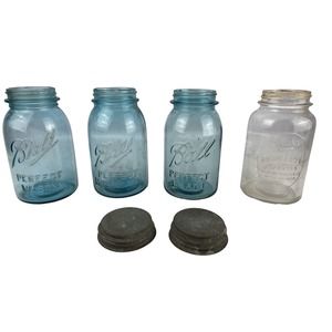 Antique 4 Jar Lot Quart Mason Blue Ball Rath’s Black Hawk Zinc Caps‎ Lids Atlas